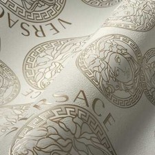 € 12,85/qm / Tapete Versace Home 38611-5 Medusa Mäander Logo Groß Creme Gold