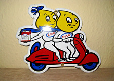 Esso Emailschild, Essoflämmchen auf Motorroller, 16x 21cm, wunderschöne Farben