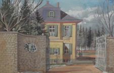 Gouache Ernst Horn 1947 Anwesen Haus Landschaft Architekturzeichnung 14,5x22,5cm