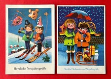 2 x DDR Glückwunsch AK NEUJAHR 1977 Typen auf Ski und mit Schlitten    ( 159372