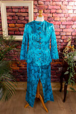 Vintage orig 60er Hausanzug türkis wattiert Lounge 60s Jacke Hose S