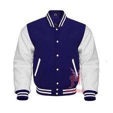 Varsity Jacke Gothic College Bomber Unisex Navy Wolle Weiß Leder Retro