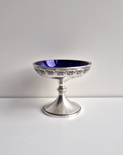schöne alte 925 Silber Jugendstil Fußschale m. herausnehmbarer blauer Glasschale