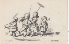 AK  Kinder m. Steckenpferd - Gewehr und Kanone "Unsere Kinder" - Zeichnung