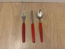 Kinder Besteck 3 Teile mit roten Plastegriffen  DDR Zeit Kult !!