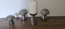 4 x Deko Pilz Figuren silber Skulptur Chrom Herbst Pilze + Kerzenständer