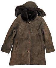 LEATHER CLUB Lammfell Mantel Damen M Braun Wildleder Abnehmbare Kapuze