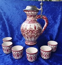 Krug mit  Zinndeckel,6 Becher,handarbeit, Schwandner Zinn/Keramik Nabburg,Bayern