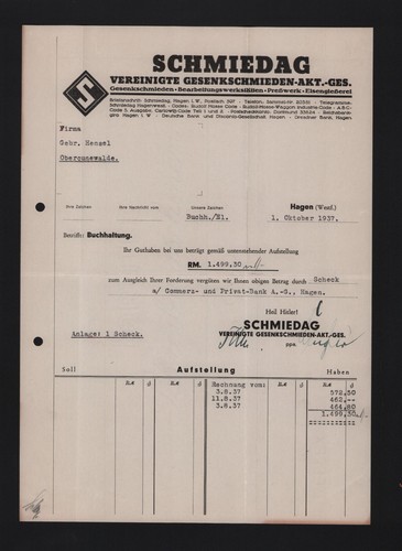 Hagen rechnung 1937 - hagen,,