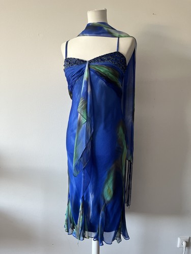 Vintage seidenkleid blau grün - seidenkleid,