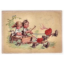 Künstler-AK v. A. L. Salac / Kinder in Seifenkiste mit Herzchen-Antrieb, 1945