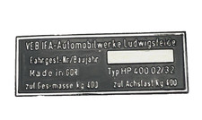 Typenschild Anhänger Blanco Hp500 DDR Automobilwerke IFA