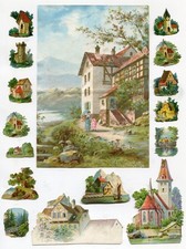 Glanzbild Oblaten scraps 15 + 1  Landschaft Häuser Konvolut  1,5 - 9  - 17,5cm