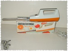 Vintage 1970er Moulinex Elektrisches Messer orange-weiß-braun mit 2 Klingen OVP
