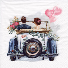 3 Servietten ~ Hochzeit, Braut und Bräutigam in einem weißen Retro-Auto ~ 33x33