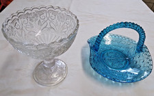 Antike Pressglas Zuckerdose & Konfekt Anbietschale mit Henkel, um 1920