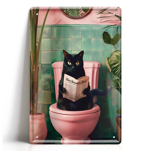 Blechschild katze auf toilette - auf,