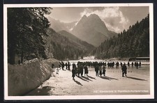Garmisch-Partenkirchen, Eisläufer auf dem Riessersee im Winter, Ansichtskarte 