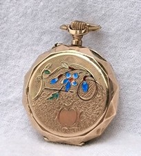 Ausgefallene alte 333  Gold Taschenuhr  Blaue Emaille Blume Damenuhr Facettiert 