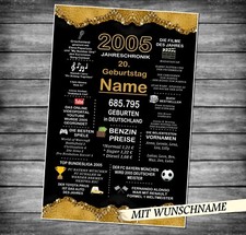 Schild Karte Urkunde Geb. 2005 20. Geburtstag  20 Jahre Chroniken Geschenk 2025