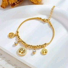 Bettelarmband 18 K Gold Pl. Charms Anhänger Lebensbaum Schmuck Damen Edelstahl 