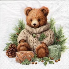 3 Lunch Servietten~ Weihnachten, Teddybär im Pullover mit Geschenken ~ 33x33