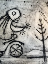 Gravur 1970 Antoine Agra Surrealistisch Surrealismus Cityroller Dreirad Fahrrad