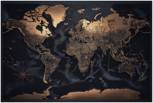 Weltkarte wandbild gold navy - weltkarte,