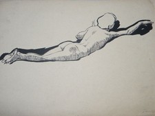 Rückenakt liegend - Nachlass Hans Strohofer Tusche-Zeichnung Frauenakt 1905