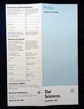 VW Scirocco Preisliste MJ 1987 v. 21.07.1986 für  GT, GTL, GTX, GTX 16V