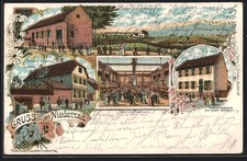 Lithographie Frankfurt-Niederrad, Gasthof Weidemann mit Kegelbahn, Warenhaus vo 