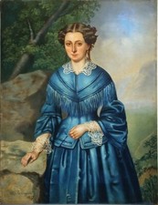 Ölgemälde sign. Budzynski 1857 elegante Dame polnische Lady Krinolinenkleid