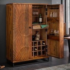 Massiver Barschrank SCORPION 141cm braun Mangoholz aufwendige 3D Schnitzereien