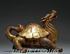 5.9'' Bronze Ware 24K Gold Gilt Drachenschildkröte Schildkröte Tier Statue Skulp