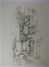Zeichnung Feder Landschaft Stadt Historische Gasse Hans Pluquet Signiert 1975