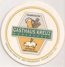Gasthaus Kreuz, Moosbeuren - alter Bierdeckel "Hausgebrautes Bier - Spanferkel"