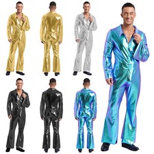 Herren Metallic Jumpsuit Langarm Overall 80er Jahre Disco Tanz Outfits Kostüme`