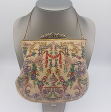 Antike Gobelin Abendtasche vergoldet Petit Point Handtasche Blumen Früchte 