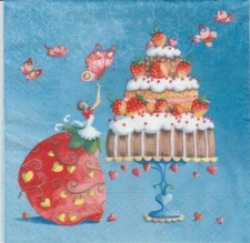 3 Servietten ~  Erdbeer Lady mit Torte Kuchen Fee Backen Fantasy