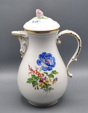 Meissen Porzellan Kaffee Kanne, Blumen Bukett florale Handmalerei rote Rose bunt