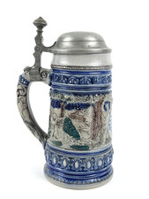 Bierkrug Maß 1 Liter Westerwald Zinndeckel München Jagd Hirsch Hund Spruch