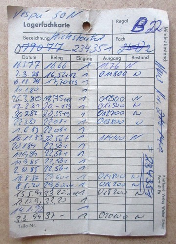 Alte lagerfachkarte für - alte, vespa