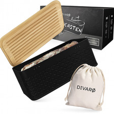 DIVARØ Brotkasten Brotbox schwarz mit Bambusdeckel 2in1 Schneidebrett 33cm