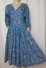 Laura Ashley Kleid 38 40 blau grün rot geblümt vintage Baumwolle 80er Sommer