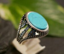 Riesiger 925 Silber Ring Türkis Platte Seitensteine Oval Granulation Optik