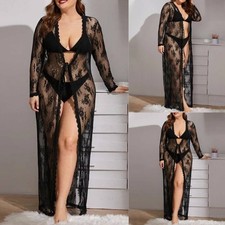 Übergröße Damen Sexy Spitze Dessous Nachtwäsche Kimono Morgenmantel Lang Kleid
