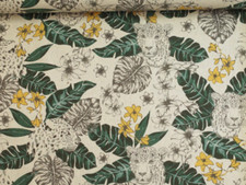 Dekostoff 100x140cm, Half Panama Leinenoptik, Leoparden, Monstera-Blätter, Nähen