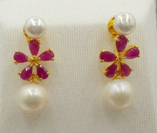 Rubin, Perle - Ohrhänger, Ohrringe, Ohrstecker,  Sterlingsilber 925 vergoldet