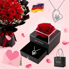 Ewige Echte Rose mit Herz Halskette 925 Sterlingsilber Geschenkbox Valentinstag