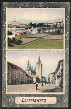 Leitmeritz, Flusspartie mit Brücke, Ortspartie, Ansichtskarte 